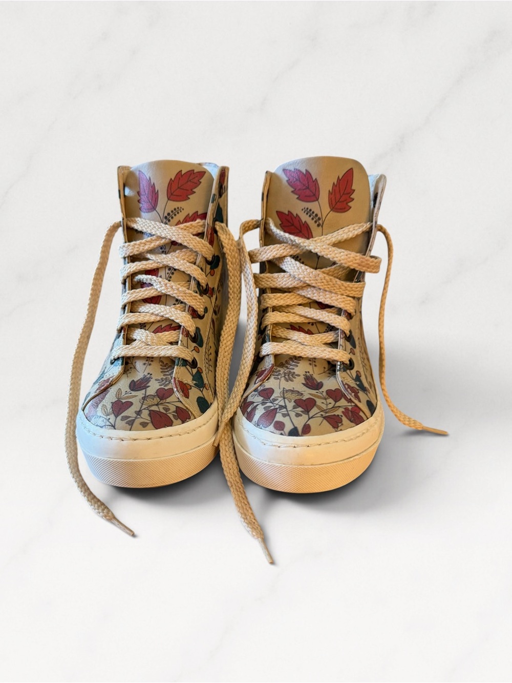 Goby Floral Beige High-Top Women's Sneakers with Red Leaf Accent